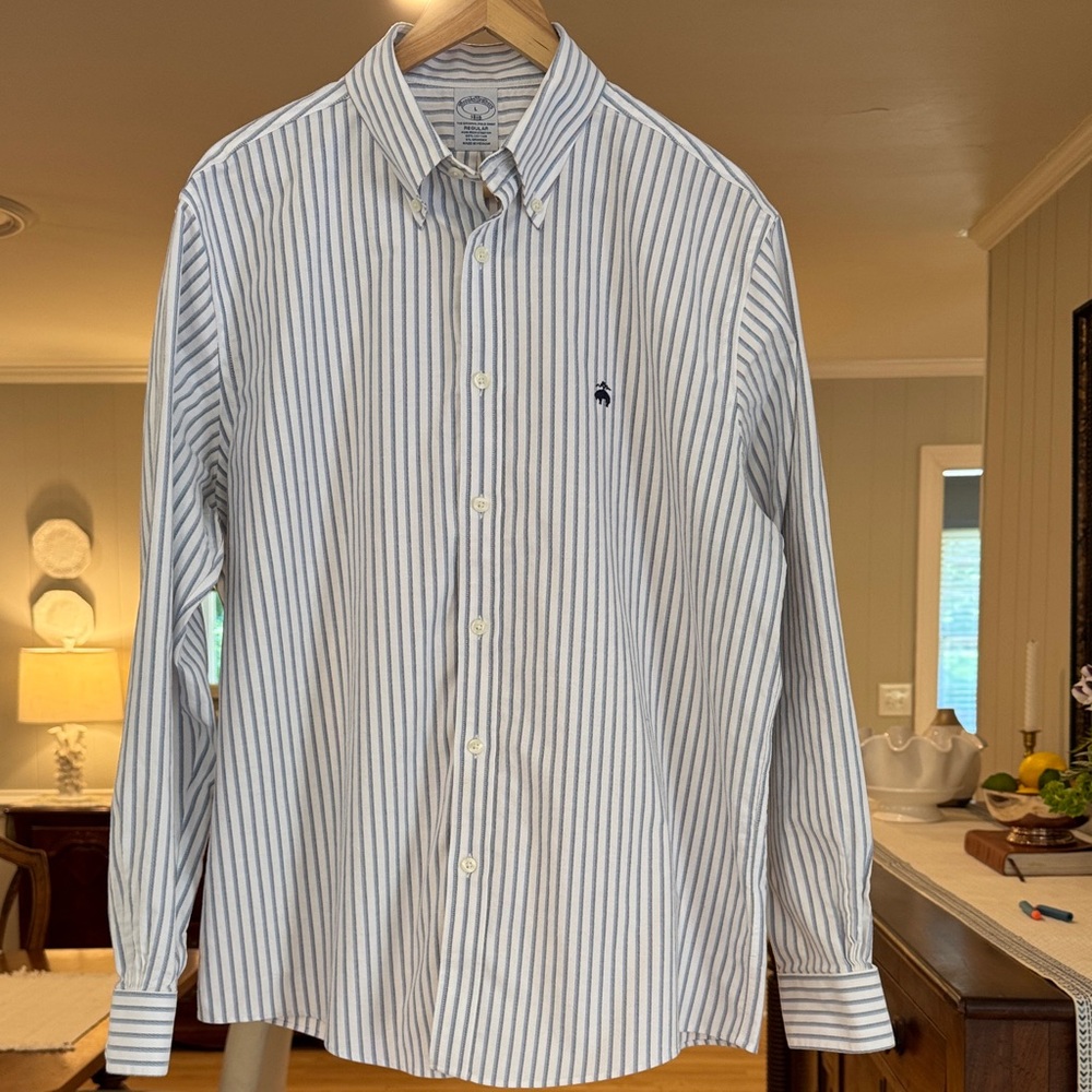 BROOKS BROTHERS Mens White Grey Blue Striped Buttondown Non-Iron Stretch LARGE